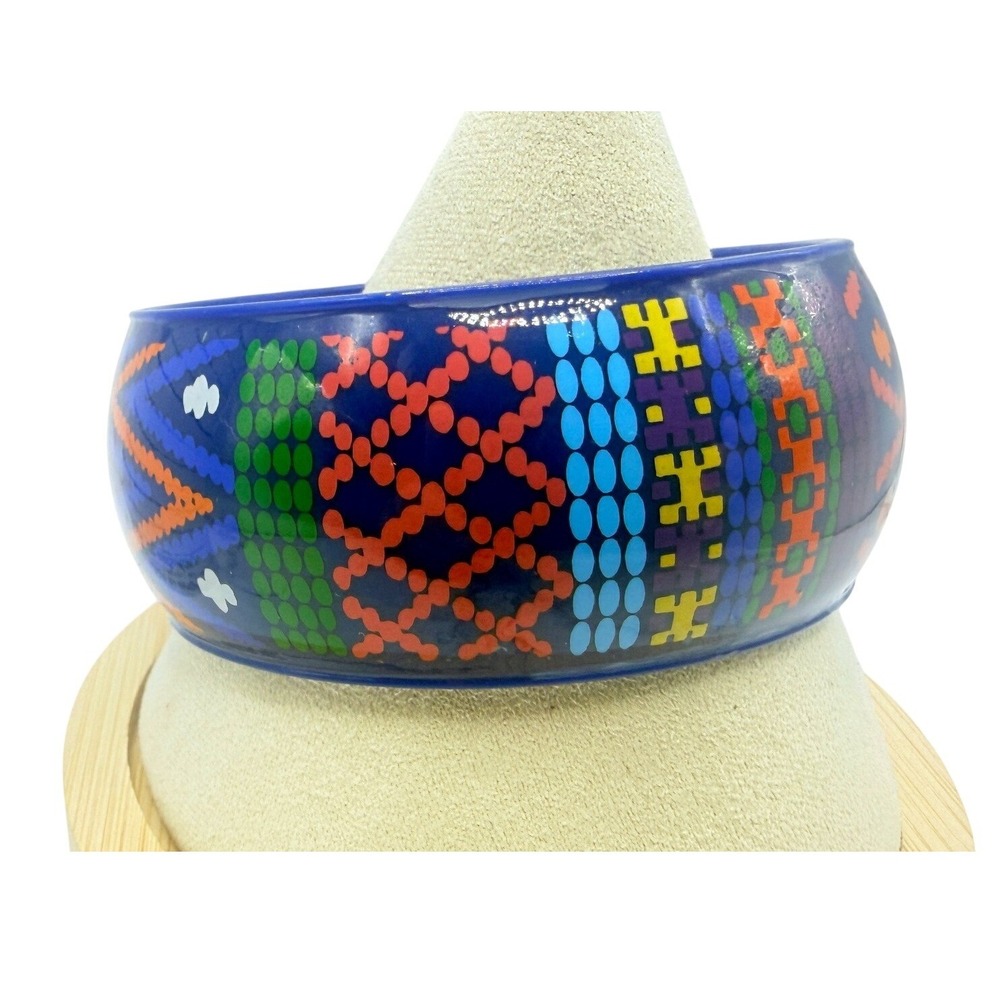 Colorful Painted Geometric Wide Bangle Bracelet Blue Pink Orange 8 Inch